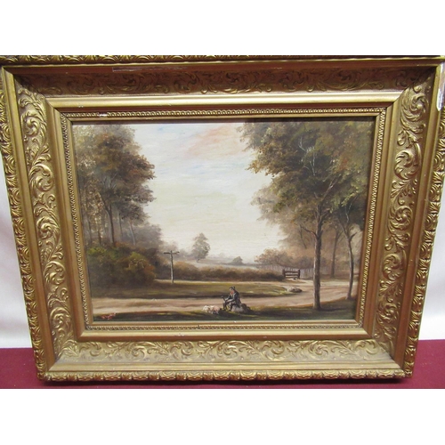 97 - English School (C20th); Tramp seated with dog at a crossroads, oil on board, indistinctly signed, 22... 