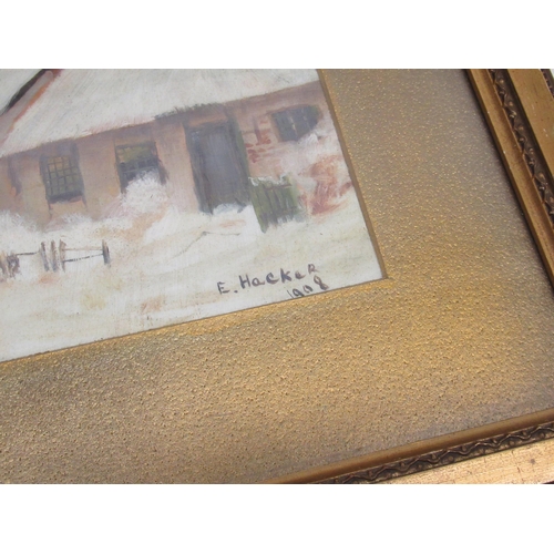 113 - E. Hacker (British, C20th); Cottage in the snow, oil on board, signed and dated 1908, A. Lawrence; A... 