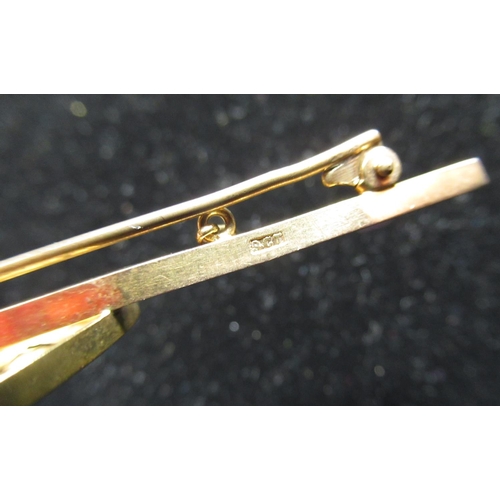 41 - 9ct yellow gold bar brooch, central shield inset with a round cut diamond, stamped 9ct, L6.5g, gross... 