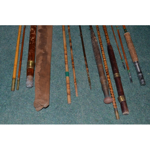 114 - Vintage split cane and bamboo fishing rods, including two piece child's fishing stick (A/F)