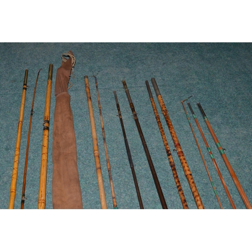 114 - Vintage split cane and bamboo fishing rods, including two piece child's fishing stick (A/F)