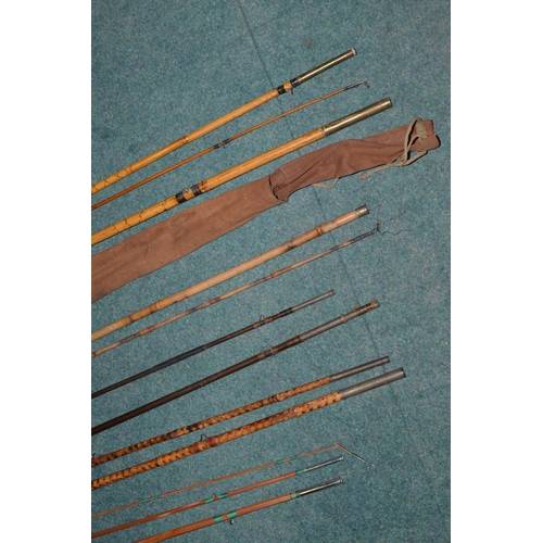 114 - Vintage split cane and bamboo fishing rods, including two piece child's fishing stick (A/F)