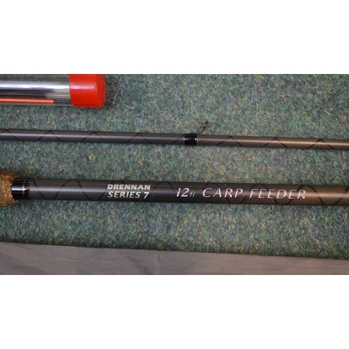 121 - Lightly used Drennan series 7, 12ft carp feeder fishing rod with 3 quiver tips