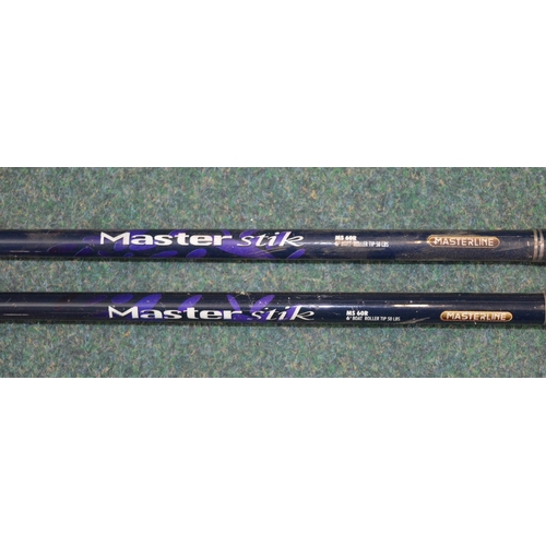 124 - 2 6ft boat rods by Master Line, 2 Beachcasters, 1 by Shakespeare L3.6m 2 piece, a Sil Star MXE Power... 