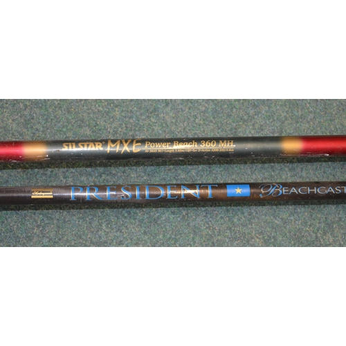 124 - 2 6ft boat rods by Master Line, 2 Beachcasters, 1 by Shakespeare L3.6m 2 piece, a Sil Star MXE Power... 