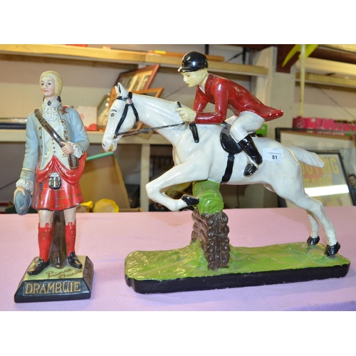 81 - 1950s plaster figure of a horse and rider by J. Chapman of Manchester (height 39cm) and a Drambuie P... 