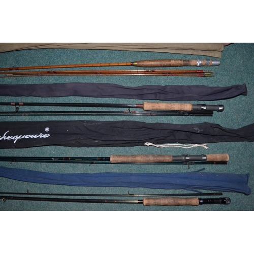 109 - Landing net, keep net, vintage split cane three piece fly rod with spare tip, L279cm (with shorter t... 