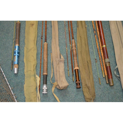 Vintage fishing equipment including rods, mostly fly fishing, reels,  landing net, etc four piece bam