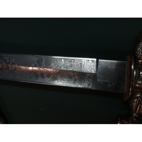 2 - Large, quality German hunting knife, 12 inch blade, finely etched with stags and hunting trophies se... 