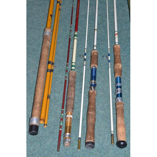 104 - Four vintage glass fibre fishing rods - Falshaw's of Liverpool two piece rod L216cm, two piece rod L... 