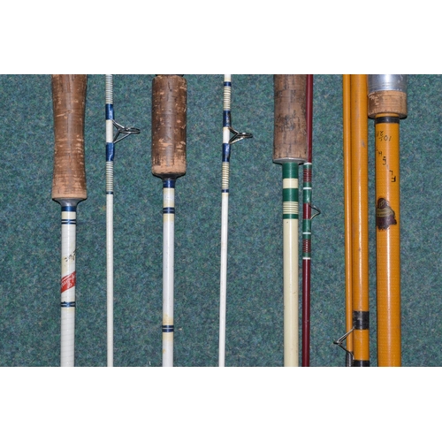 104 - Four vintage glass fibre fishing rods - Falshaw's of Liverpool two piece rod L216cm, two piece rod L... 