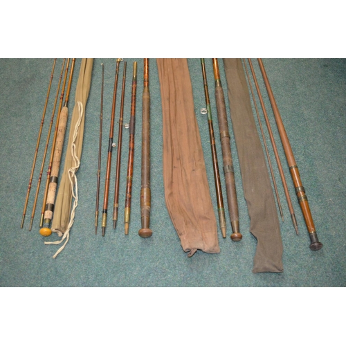 105 - Four vintage fishing rods - unfinished solid wood turned three piece fishing rod L310cm (A/F), woode... 