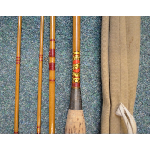 105 - Four vintage fishing rods - unfinished solid wood turned three piece fishing rod L310cm (A/F), woode... 