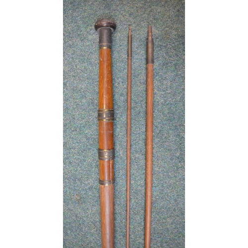 105 - Four vintage fishing rods - unfinished solid wood turned three piece fishing rod L310cm (A/F), woode... 