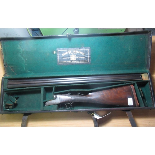 332 - Cased Charles Lancaster 16 bore shotgun with 28 inch barrels, 14.5 inch straight through stock  Seri... 