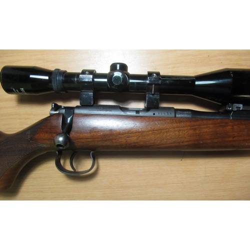 443 - Brno .22 bolt action rifle with 2x mags fitted with Hunter 6x40 scope, barrel screw cut for sound mo... 