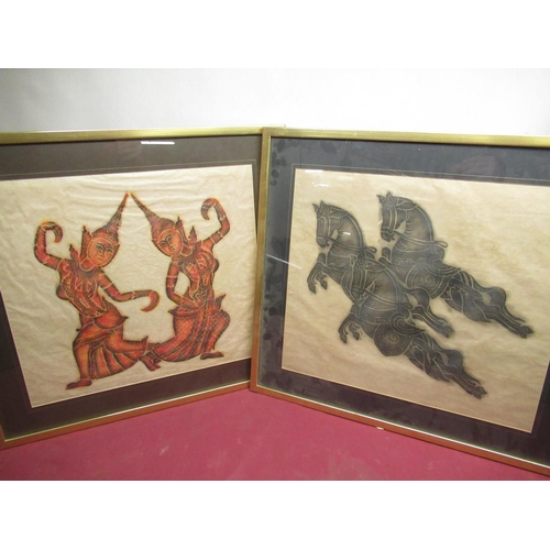 526 - Pair of Indonesian style prints on rice paper, one of three horses, the other of a pair of dancing b... 