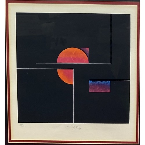 504 - Late C20th; Abstract planet, coloured print, limited edition 13/30, indistinctly signed in pencil, 3... 