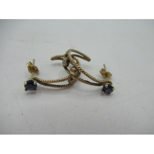 76 - Sapphire and yellow metal half hoop earrings with butterfly backs, approximate L2cm, gross 2g