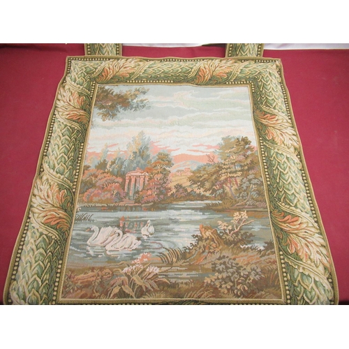 535 - Late C20th Rococo style wall hanging tapestry depicting a young couple seated by a lake, and another... 