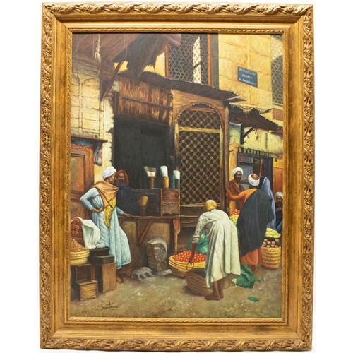 511 - Late C20th/early C21st; Middle Eastern street merchants, oil on canvas, indistinctly signed, 119cm x... 