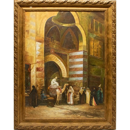 512 - late C20th/early C21st; Middle Eastern street scene with figures outside a temple, oil on canvas, in... 