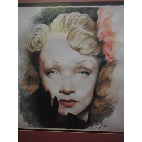 510 - David McEwen (British, Contemporary); Marlene Dietrich, watercolour, signed, 45cm x 48cm