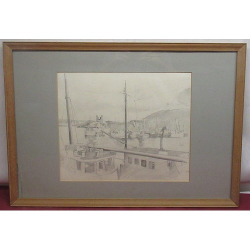 513 - Neville Weston (British, 1936–2017); Boats in harbour, pencil, signed and dated 1972, 30cm x 35.5cm