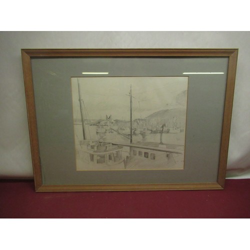 513 - Neville Weston (British, 1936–2017); Boats in harbour, pencil, signed and dated 1972, 30cm x 35.5cm