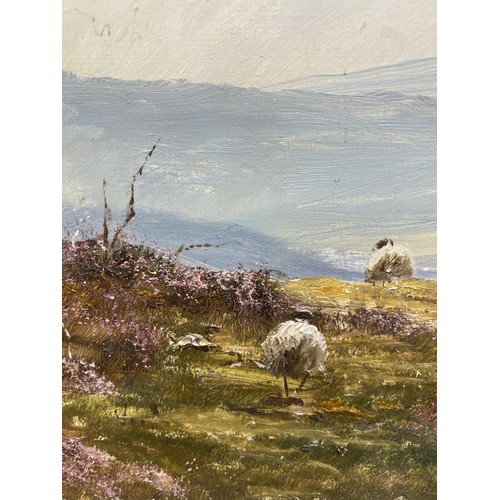 505 - Lewis Creighton (British, 1918-1996); Sheep on moorland, signed, oil on board, 40cm x 49cm