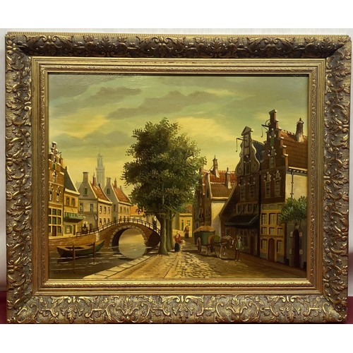 508 - Dutch School, C20th; Amsterdam street scene, indistinctly signed J. Rietisdijk , oil on board, 39.5c... 