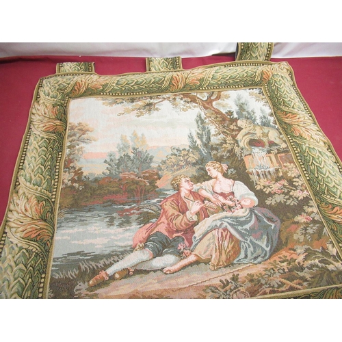 535 - Late C20th Rococo style wall hanging tapestry depicting a young couple seated by a lake, and another... 