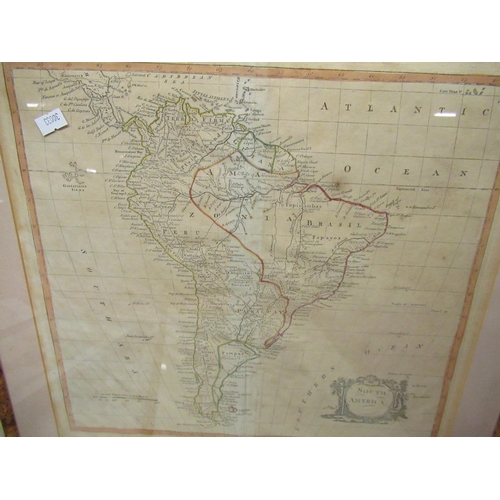 525 - C19th hand coloured map of South America, another unframed map of South America, and a collection of... 