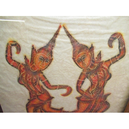 526 - Pair of Indonesian style prints on rice paper, one of three horses, the other of a pair of dancing b... 