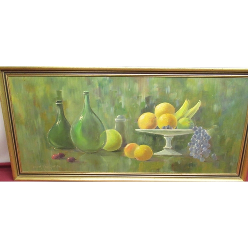 507 - Lewis Creighton (British, 1918-1996); Still Life of fruit and decanters, signed, oil on board 39cm x... 