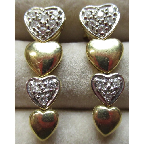 68 - Pair of 14ct yellow gold and diamond graduated heart shaped drop earrings