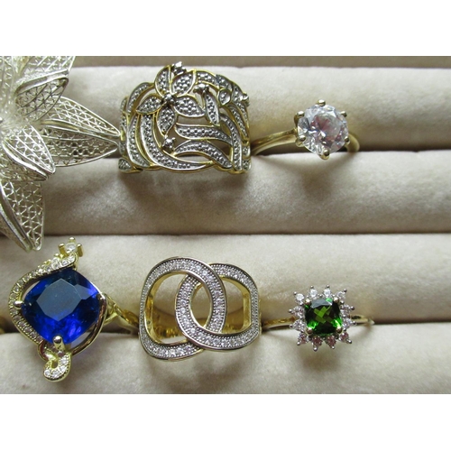 24 - Sterling silver filigree flower ring, stamped 925, and a collection gilt sterling silver rings, set ... 