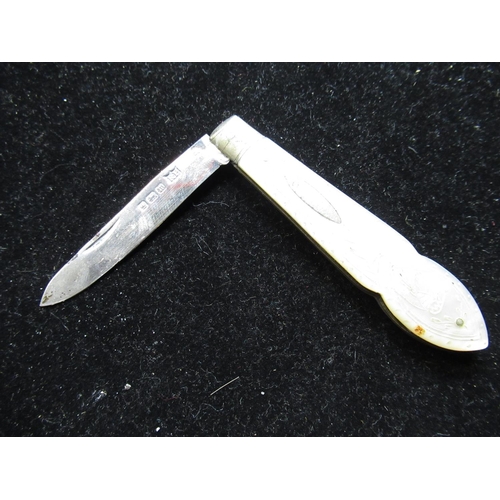 46 - Edw.Vll fruit knife with engraved mother of pearl handle and sterling silver blade by Robert Pringle... 