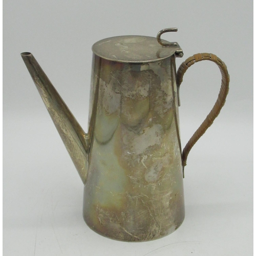 86 - Edw.VII sterling silver circular tapering coffee pot with wicker covered handle by Hukin & Heath, Bi... 