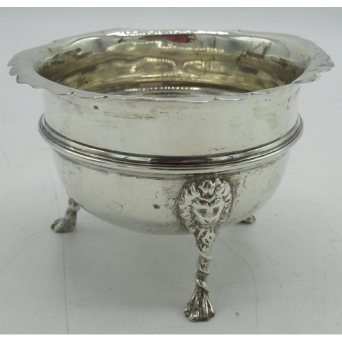 91 - Victorian hallmarked sterling silver sugar bowl with shaped rim on three lion mask twist legs with p... 