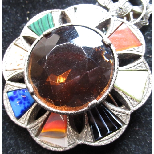 8 - Large Scottish circular agate brooch, silver mounted simulated amber pendant, silver and marcasite p... 