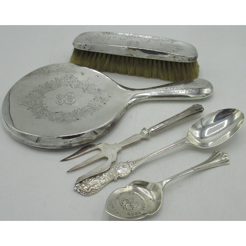 94 - Geo.V hallmarked sterling silver mirror and brush set with etched floral decoration and initialled E... 