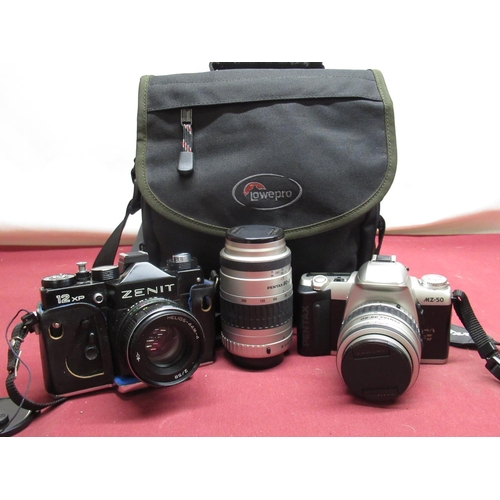 1208 - Pentax MZ50 35mm camera with Pentax 35-80 lens, Pentax 80-200mm lens, Zenith 12XP film camera, Lowe ... 