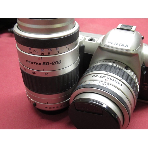 1208 - Pentax MZ50 35mm camera with Pentax 35-80 lens, Pentax 80-200mm lens, Zenith 12XP film camera, Lowe ... 