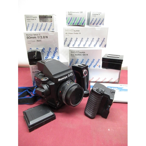 1192 - Mamiya 645 Super medium format camera including left hand grip (untested), AE Prism, 80mm F2.8 lens ... 