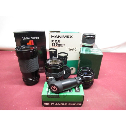 1196 - Various lenses for Canon/FD fit, including Hanimex 135mm F2.8 lens, Vivitar 28 - 105 lens, Vivitar 2... 