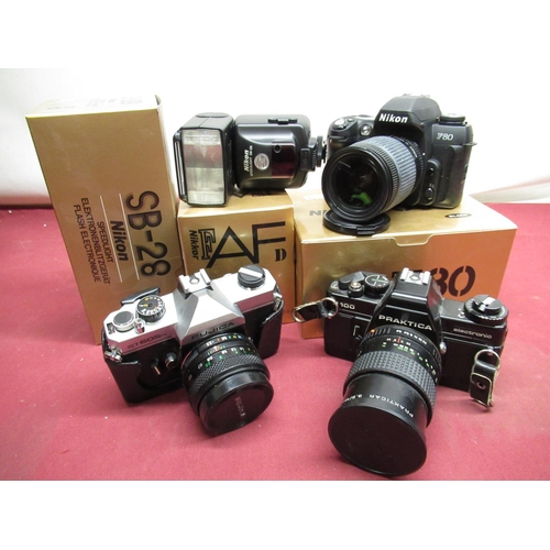 1199 - Nikon F80 SLR camera with Nikon 28-80mm lens (Working), Nikon SB-28 speedlight flash gun, Praktica B... 