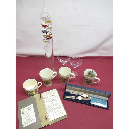 432 - WITHDRAWN - Galileo thermometer, two Geo. VI and Mary Jubilee mugs, two Geo. VI and Mary Coronation ... 