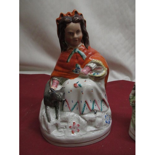 439 - C19th Staffordshire figure of Little Red Riding Hood H21.5cm, pair of C19th Staffordshire spill vase... 