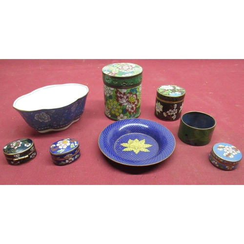 452 - Collection of C20th Cloisonné items incl. three pill boxes, two canisters with lids, napkin ring etc... 